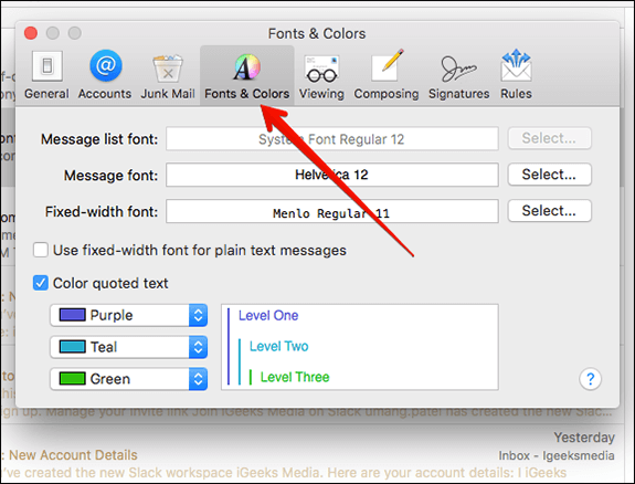 set font size for email on mac book pro